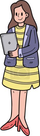 Téléchargez les illustrations : Femme d'affaires planification de travail avec illustration tablette dans le style doodle isolé sur fond - en licence libre de droit