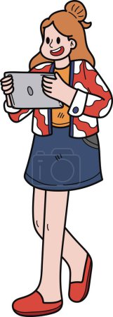Illustration for Businesswoman planning work with tablet illustration in doodle style isolated on background - Royalty Free Image