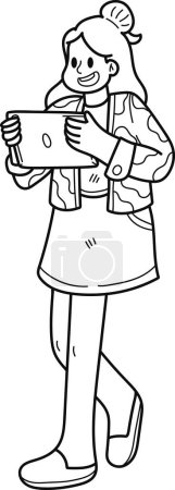 Téléchargez les illustrations : Femme d'affaires planification de travail avec illustration tablette dans le style doodle isolé sur fond - en licence libre de droit