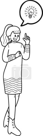 Ilustración de Mujer de negocios llena de ideas con bombillas ilustración en estilo doodle aislado sobre fondo - Imagen libre de derechos