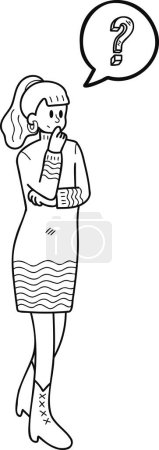 Téléchargez les illustrations : Femme d'affaires avec illustration de point d'interrogation dans le style doodle isolé sur fond - en licence libre de droit