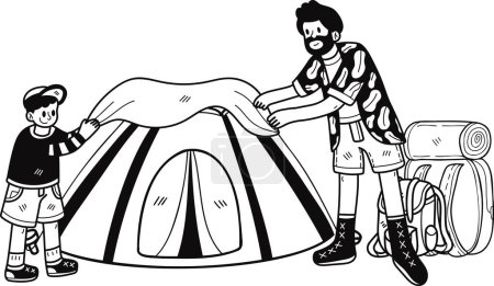 Ilustración de Familia ayudando a montar una tienda de campaña para la ilustración de camping en estilo doodle aislado en el fondo - Imagen libre de derechos