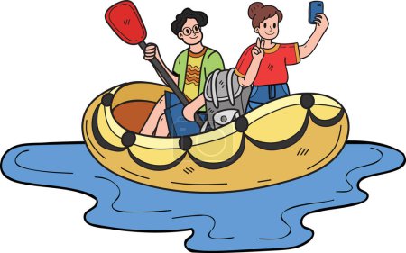 Ilustración de Pareja tomando selfie en barco ilustración en doodle estilo aislado sobre fondo - Imagen libre de derechos