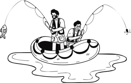 Illustration for Father and son fishing on a boat illustration in doodle style isolated on background - Royalty Free Image