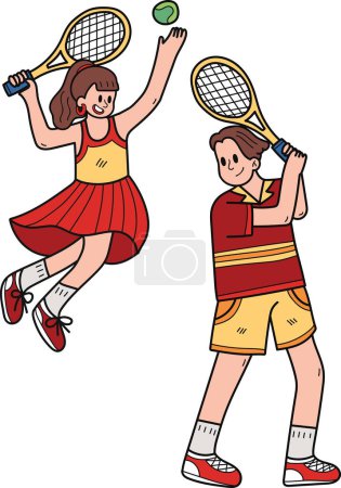 Illustration for Couple playing tennis illustration in doodle style isolated on background - Royalty Free Image
