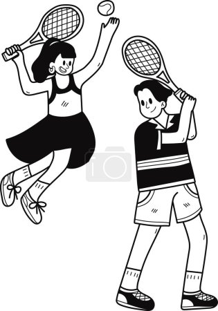 Illustration for Couple playing tennis illustration in doodle style isolated on background - Royalty Free Image