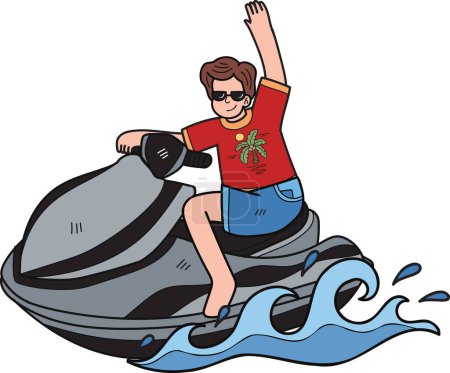 Téléchargez les illustrations : Les touristes jouent jet skis dans l'illustration de la mer dans le style doodle isolé sur fond - en licence libre de droit
