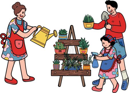 Téléchargez les illustrations : Famille aidant à prendre soin des plantes en pots illustration dans le style doodle isolé sur fond - en licence libre de droit