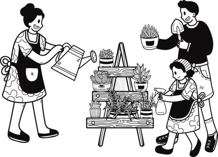 Ilustración de Familia ayudando a cuidar las plantas en macetas ilustración en estilo doodle aislado sobre fondo - Imagen libre de derechos
