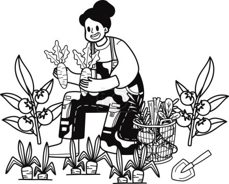 Illustration for Female gardener planting carrots illustration in doodle style isolated on background - Royalty Free Image