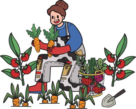 Téléchargez les illustrations : Jardinier femelle plantation de carottes illustration dans le style doodle isolé sur fond - en licence libre de droit