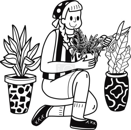 Téléchargez les illustrations : Jeune femme plantant des plantes en pots illustration dans le style doodle isolé sur fond - en licence libre de droit
