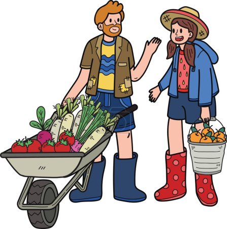 Téléchargez les illustrations : Jardinier avec un chariot avec illustration de légumes dans le style doodle isolé sur fond - en licence libre de droit