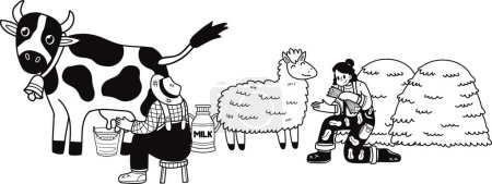 Ilustración de Los agricultores están ordeñando vacas y alimentando ovejas ilustración en estilo garabato aislado en el fondo - Imagen libre de derechos