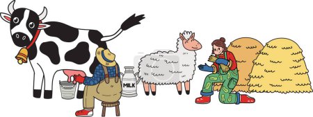 Téléchargez les illustrations : Les agriculteurs traire les vaches et nourrir les moutons illustration dans le style doodle isolé sur fond - en licence libre de droit