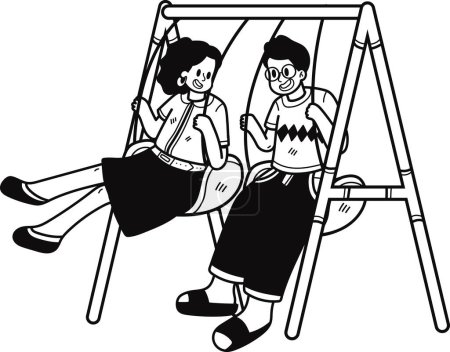 Téléchargez les illustrations : Couple jouant sur des balançoires illustration dans le style doodle isolé sur fond - en licence libre de droit