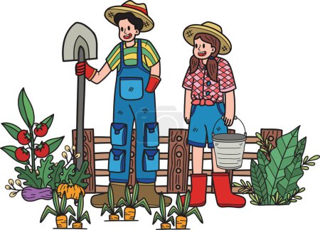 Téléchargez les illustrations : Jardinier plantation légumes illustration dans le style doodle isolé sur fond - en licence libre de droit
