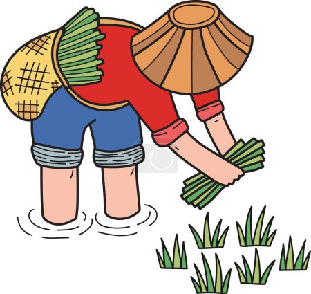 Ilustración de Agricultores cosechan ilustración de arroz en estilo garabato aislado sobre fondo - Imagen libre de derechos