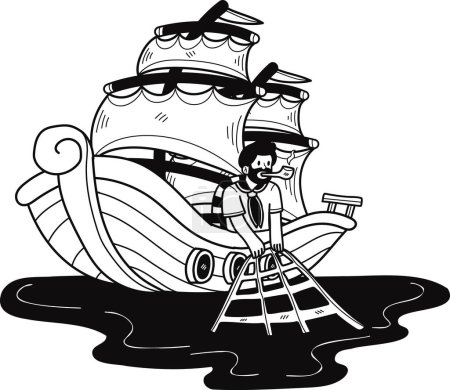 Téléchargez les illustrations : Les pêcheurs attrapent des poissons dans la mer illustration dans le style doodle isolé sur le fond - en licence libre de droit