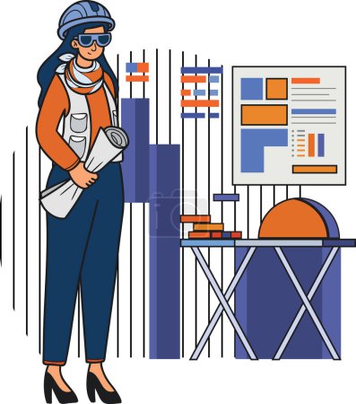 Illustration for Female engineer supervising construction work illustration in doodle style isolated on background - Royalty Free Image
