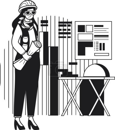 Illustration for Female engineer supervising construction work illustration in doodle style isolated on background - Royalty Free Image