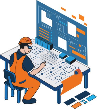 Illustration for Male engineer supervising construction work illustration in doodle style isolated on background - Royalty Free Image