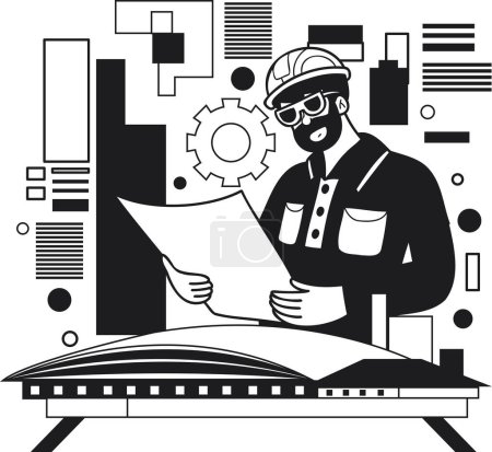 Illustration for Male engineer creating blueprints and plans illustration in doodle style isolated on background - Royalty Free Image
