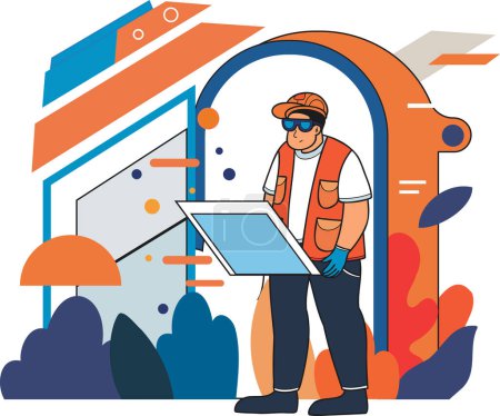 Illustration for Male engineer creating blueprints and plans illustration in doodle style isolated on background - Royalty Free Image