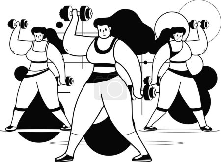 Téléchargez les illustrations : Fille de remise en forme saine faisant de l'aérobic dans l'illustration de la salle de gym dans le style doodle isolé sur fond - en licence libre de droit