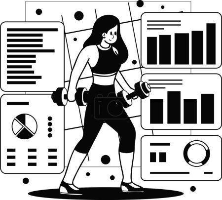 Téléchargez les illustrations : Fitness fille saine soulevant des poids dans l'illustration de gymnase dans le style doodle isolé sur le fond - en licence libre de droit
