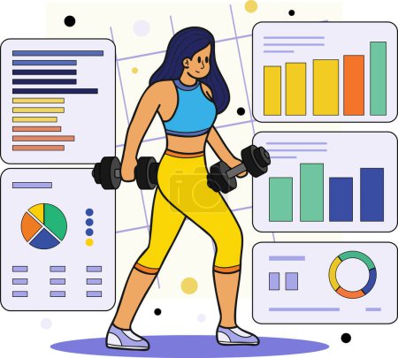 Illustration for Healthy fitness girl lifting weights in gym illustration in doodle style isolated on background - Royalty Free Image