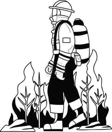 Téléchargez les illustrations : Pompier avec illustration de combinaison de feu dans le style doodle isolé sur fond - en licence libre de droit