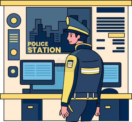 Téléchargez les illustrations : Illustration de poste de police et de police dans le style doodle isolé sur fond - en licence libre de droit