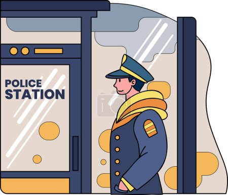 Téléchargez les illustrations : Illustration de poste de police et de police dans le style doodle isolé sur fond - en licence libre de droit
