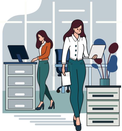 Illustration for Female entrepreneur with office desk illustration in doodle style isolated on background - Royalty Free Image