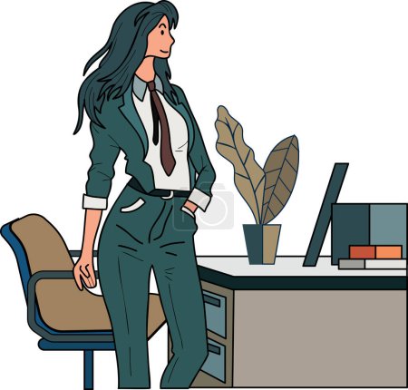 Téléchargez les illustrations : Femme entrepreneur avec bureau bureau illustration dans le style doodle isolé sur fond - en licence libre de droit