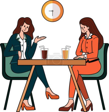 Illustration for Female office workers sitting and chatting in a coffee shop illustration in doodle style isolated on background - Royalty Free Image