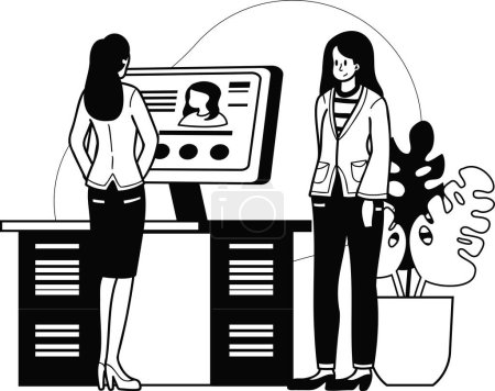 Ilustración de Trabajadora de oficina que solicita una ilustración de trabajo en estilo doodle aislada en segundo plano - Imagen libre de derechos