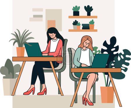 Téléchargez les illustrations : Entrepreneure assise et travaillant dans un café illustration dans le style doodle isolé sur fond - en licence libre de droit