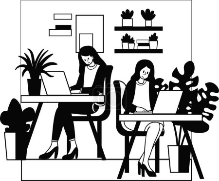 Ilustración de Empresaria sentada y trabajando en un café ilustración en estilo garabato aislado en el fondo - Imagen libre de derechos