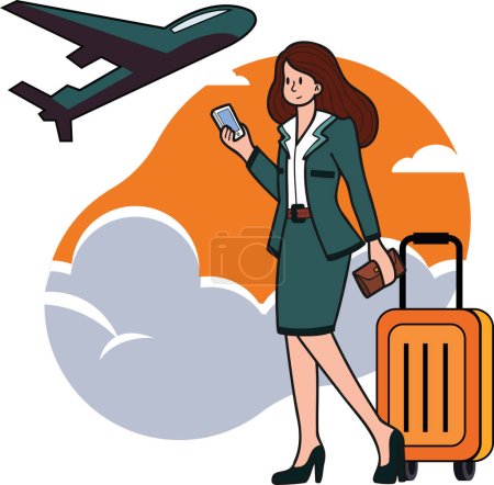 trabajadora de oficina o azafata aérea abordando el avión ilustración en estilo doodle aislado sobre fondo
