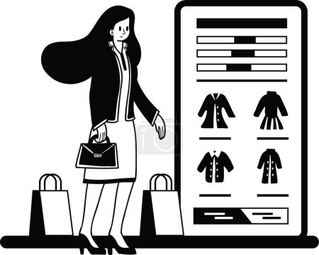 Téléchargez les illustrations : Femme employée de bureau magasinant en ligne à partir de l'illustration smartphone dans le style doodle isolé sur fond - en licence libre de droit