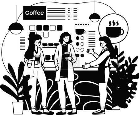 Ilustración de Mujer barista hablando con el cliente en la ilustración de café en estilo doodle aislado en el fondo - Imagen libre de derechos