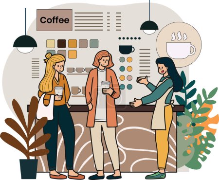 Téléchargez les illustrations : Femme barista parler au client dans l'illustration café dans le style doodle isolé sur fond - en licence libre de droit
