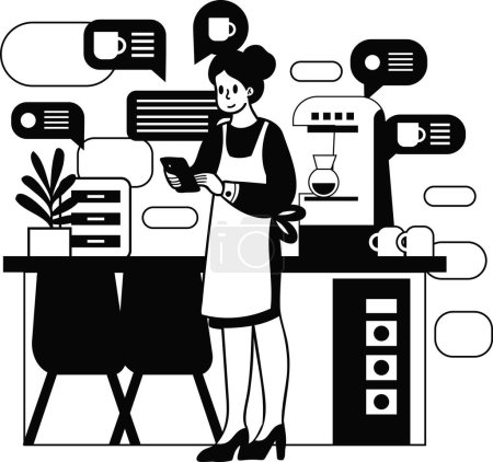Téléchargez les illustrations : Femme barista prendre des commandes à partir de l'illustration smartphone dans le style doodle isolé sur fond - en licence libre de droit