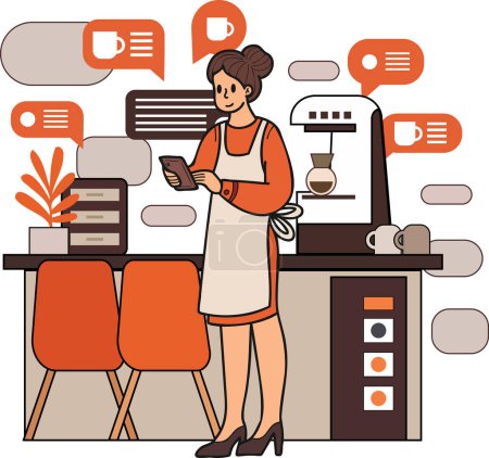 Téléchargez les illustrations : Femme barista prendre des commandes à partir de l'illustration smartphone dans le style doodle isolé sur fond - en licence libre de droit