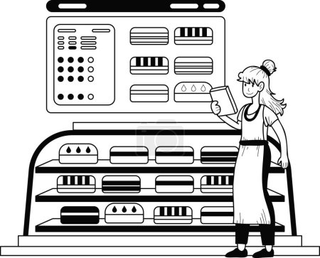 Téléchargez les illustrations : Femme entrepreneur avec boulangerie Illustration de la boutique dans un style doodle isolé sur fond - en licence libre de droit