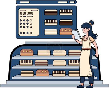 Ilustración de Emprendedora femenina con panadería Ilustración de tienda en estilo doodle aislada sobre fondo - Imagen libre de derechos