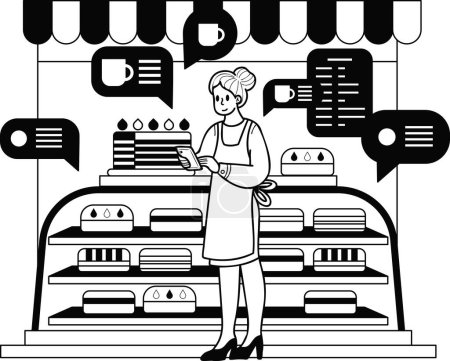 Téléchargez les illustrations : Femme entrepreneur avec boulangerie Illustration de la boutique dans un style doodle isolé sur fond - en licence libre de droit
