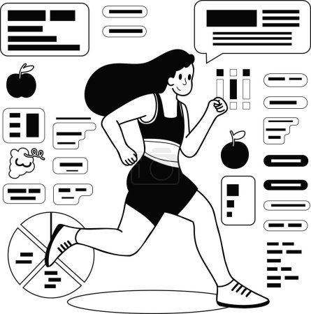 Illustration for Healthy loving fitness girl running in the gym illustration in doodle style isolated on background - Royalty Free Image